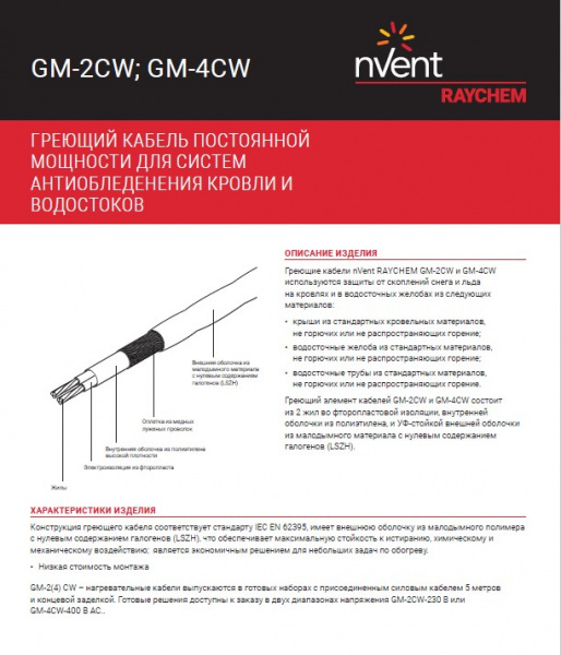 Грiючий кабель GM-2CW ~ 30Вт/м 230V для антикриги покрівлі